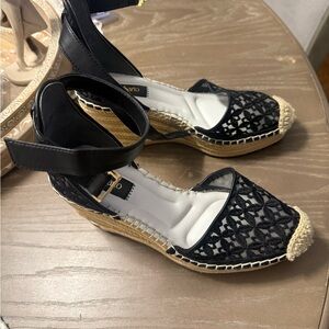 Franco Sarto Black and Beige Platform Sandals